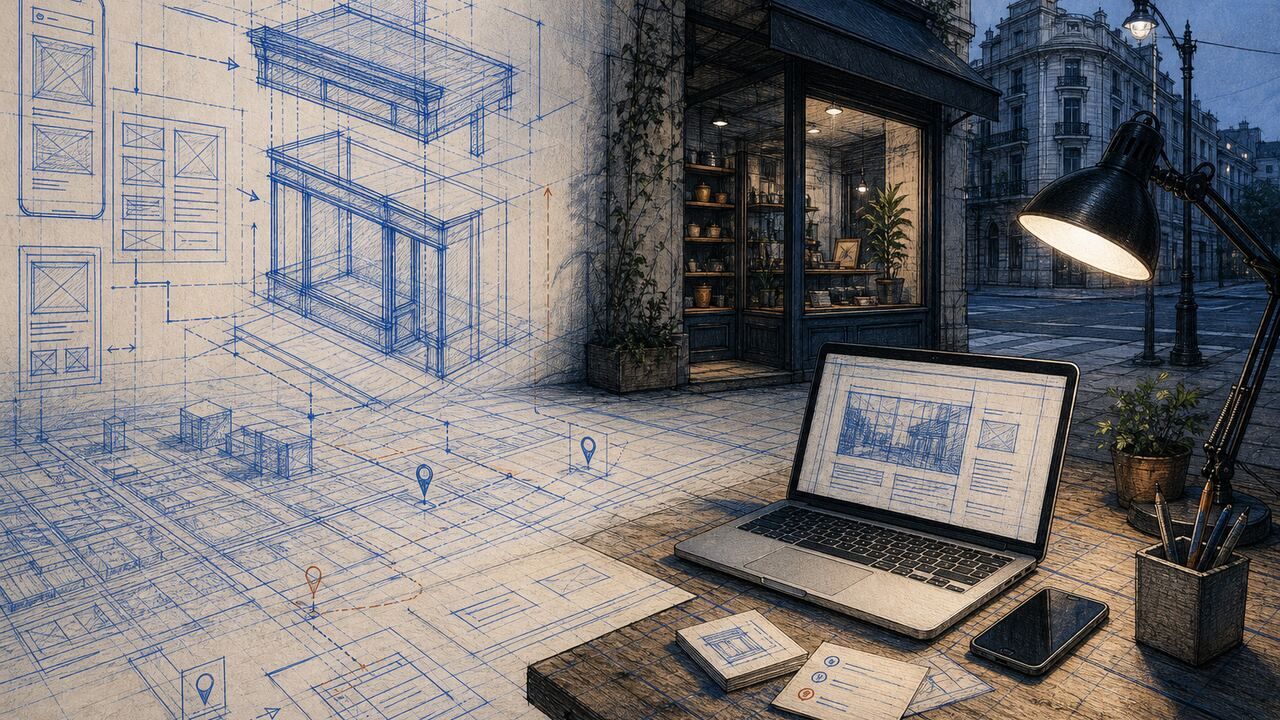 Blueprint-style desk with website, map pin, and review cards