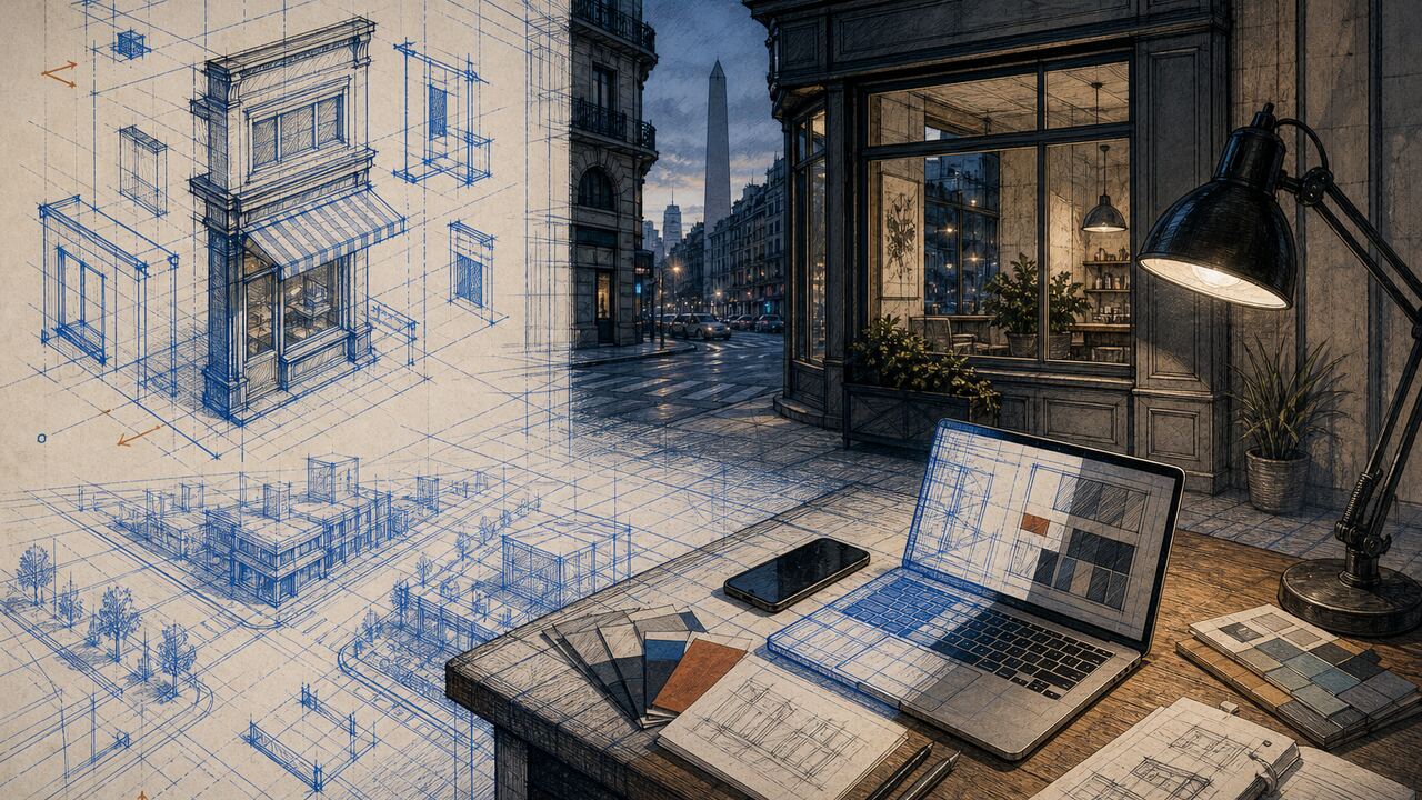 Ilustración de sistemas y capas de software estilo blueprint