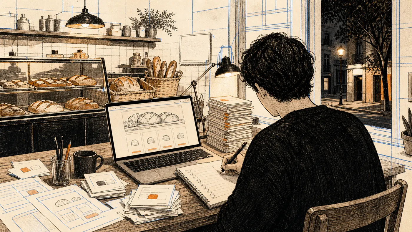 A bakery counter and a person planning a website at a desk, rendered as a paper-and-blueprint illustration