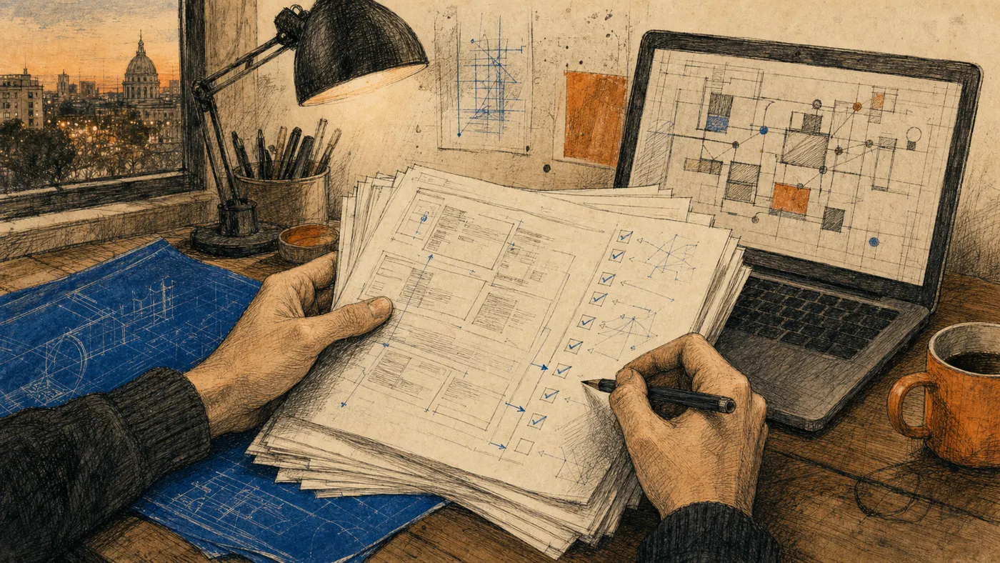 Hands reviewing papers beside a laptop and blue drafting notes on a workbench