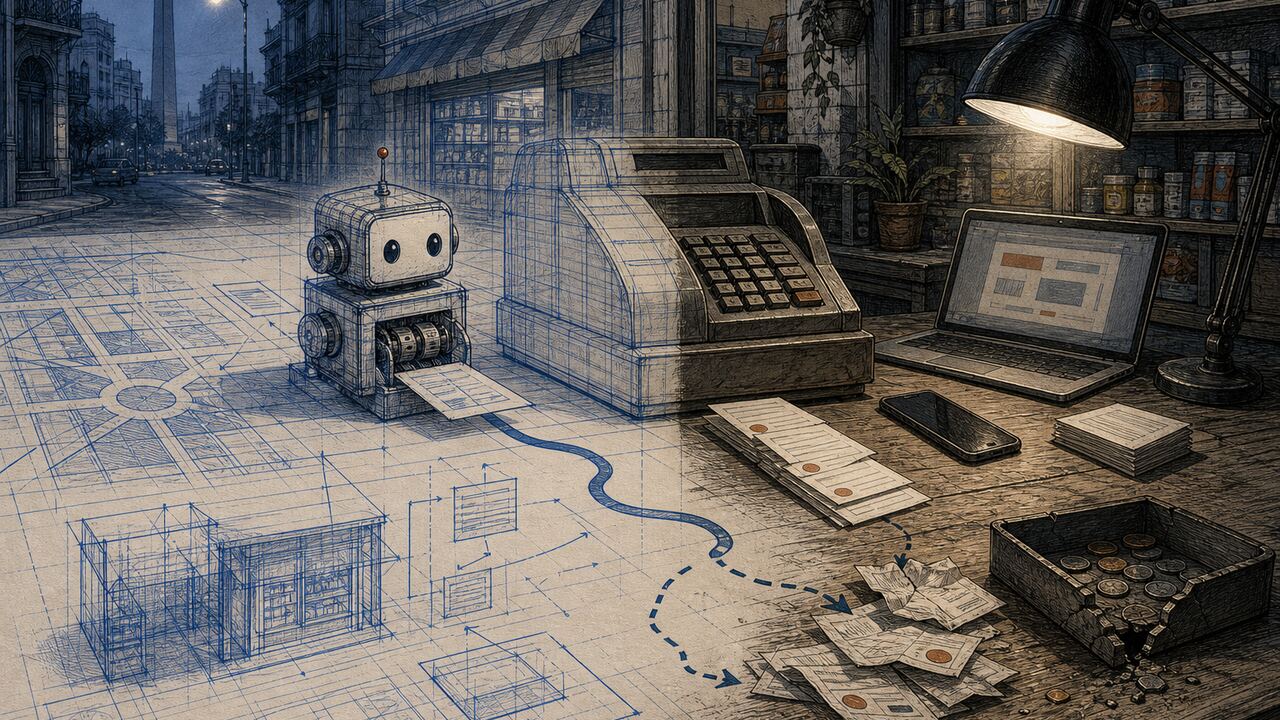 Mostrador de almacén con un dispositivo chatbot, caja registradora y tickets sin responder, en estilo blueprint