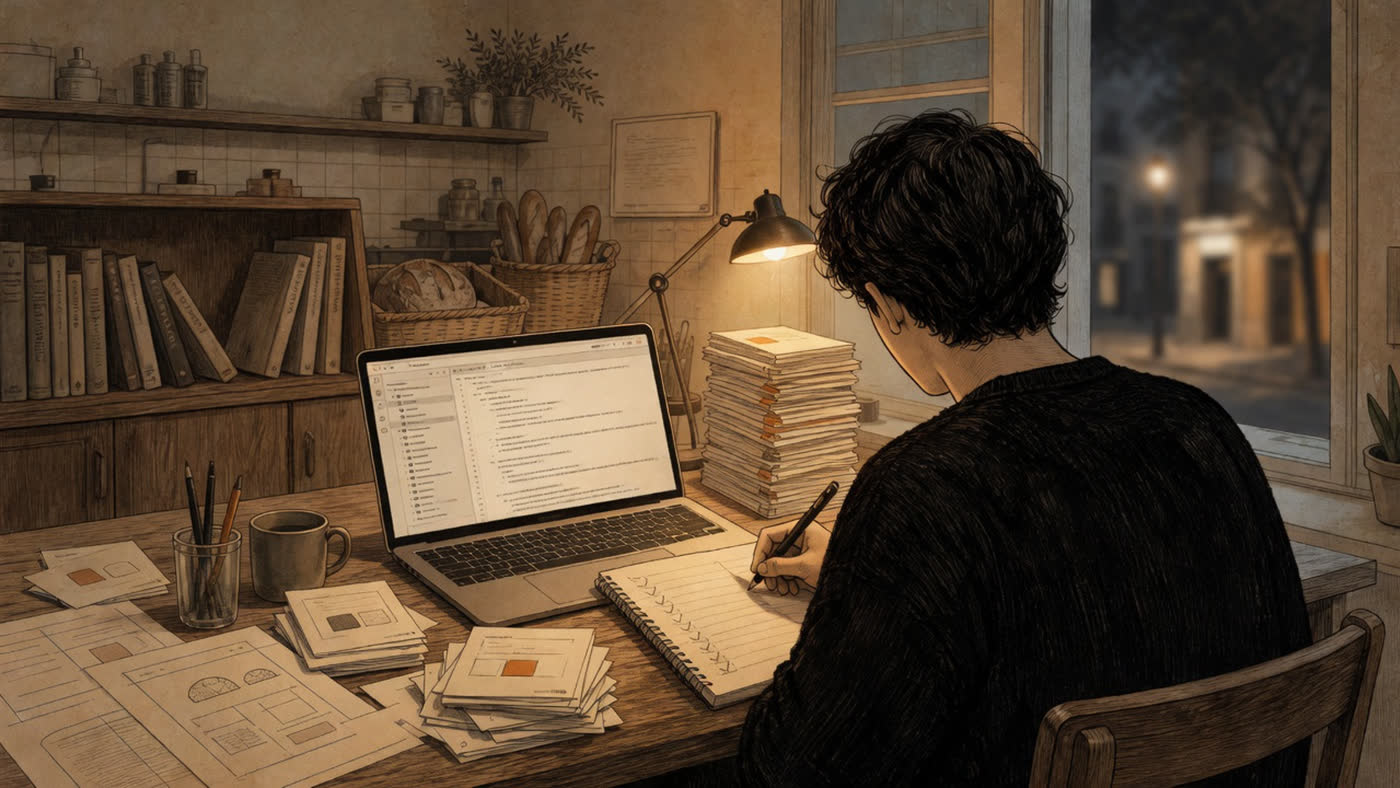 Paper-and-blueprint illustration of a desk with nested rule documents and a person writing at night