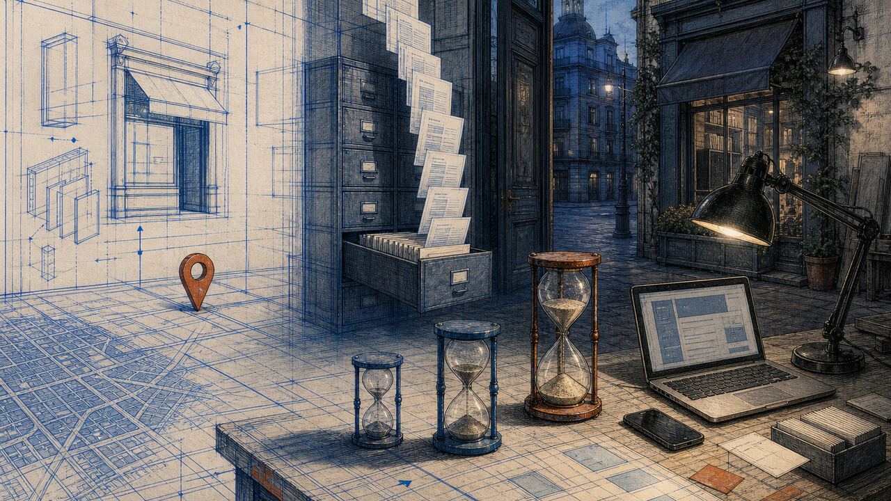 Archivador de páginas, tres relojes de arena y un pin de búsqueda en estilo blueprint
