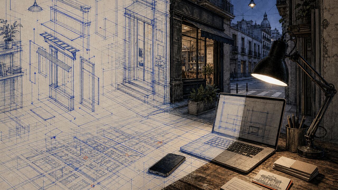Ilustración de reseñas y ficha de negocio estilo blueprint