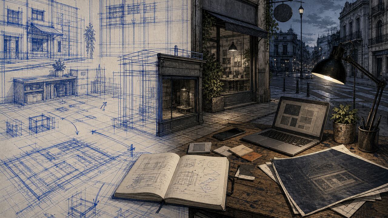 An unfinished workbench of sketches, crossed construction lines, and a face-down highlight reel