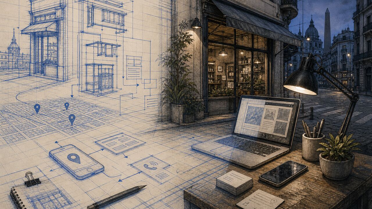 Workbench with business listing sketch and star ratings